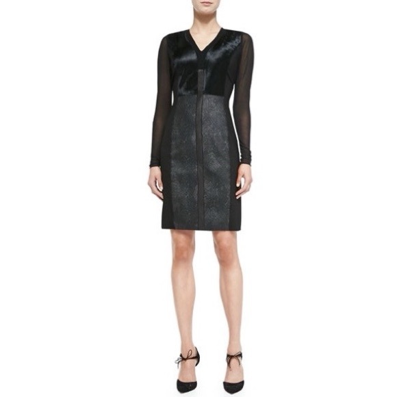 NEW Elie Tahari Lane Combo Calf Hair & Leather Sheath Dress - Picture 2 of 7